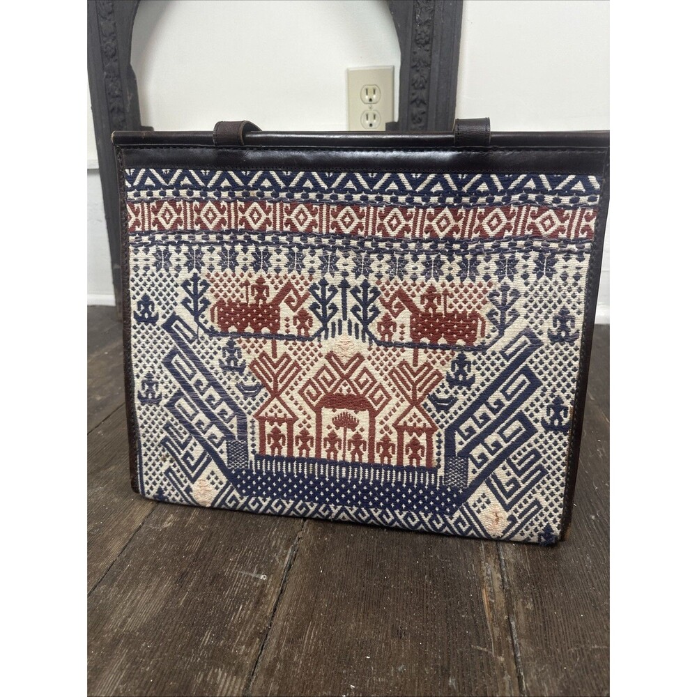 VTG Handmade Gammon Shire Woven Leather Tapestry Square Tote Bag Unique Rare